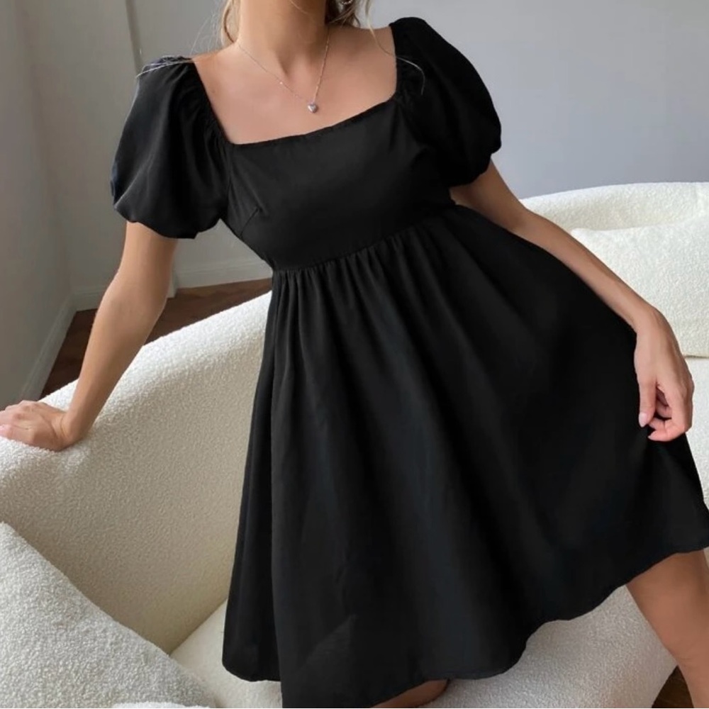 SHEIN Square Neck Puff Sleeve Black Mini Dress - M